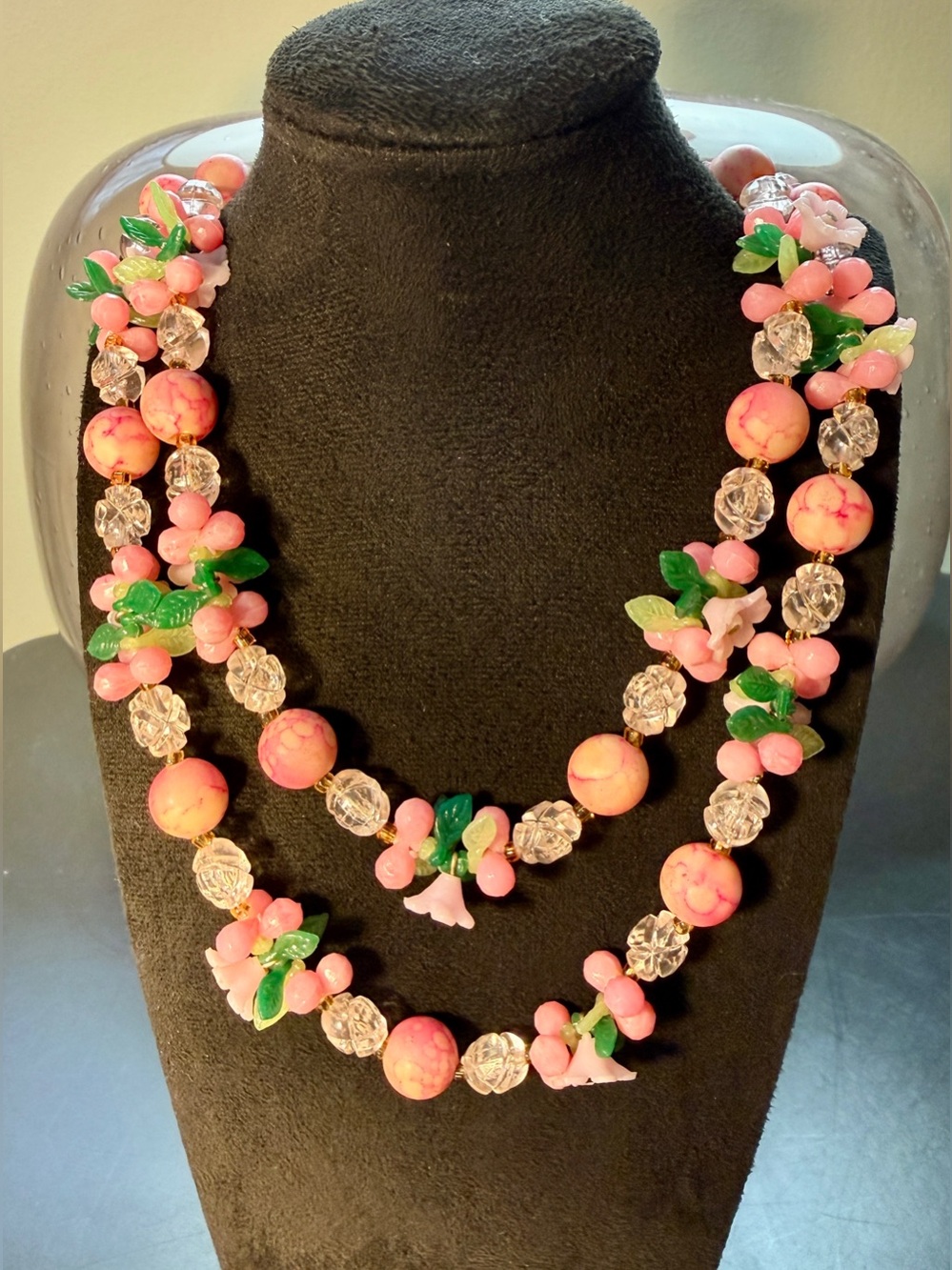 Rare Vintage Mid Century Pink Double Strand Floral “Fruit Salad” Necklace